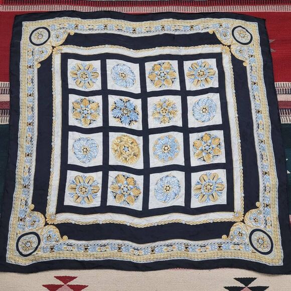 Vintage Handrolled Luxurious 100% Silk Scarf 32"x31" Black Gold Blue Made Italy